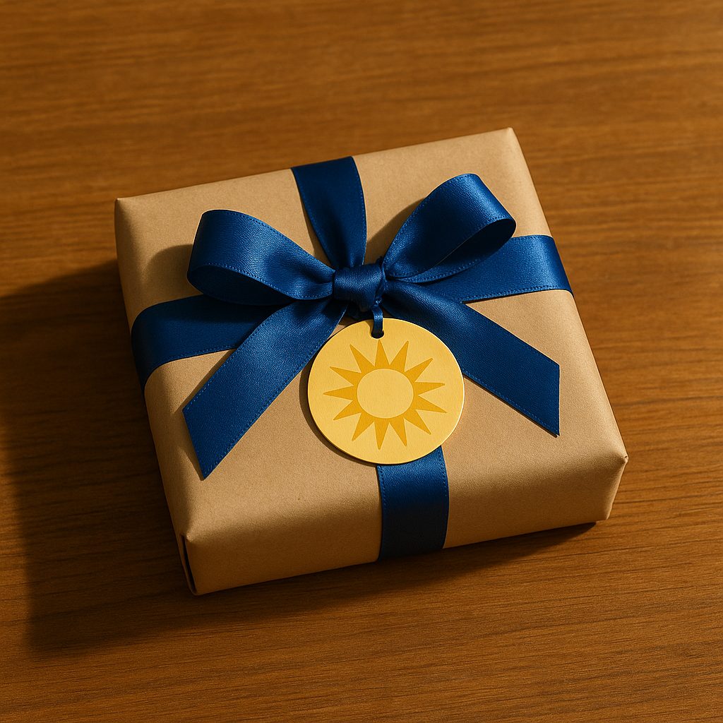 Bouillotte dans son emballage cadeau fermé, avec un ruban bleu
