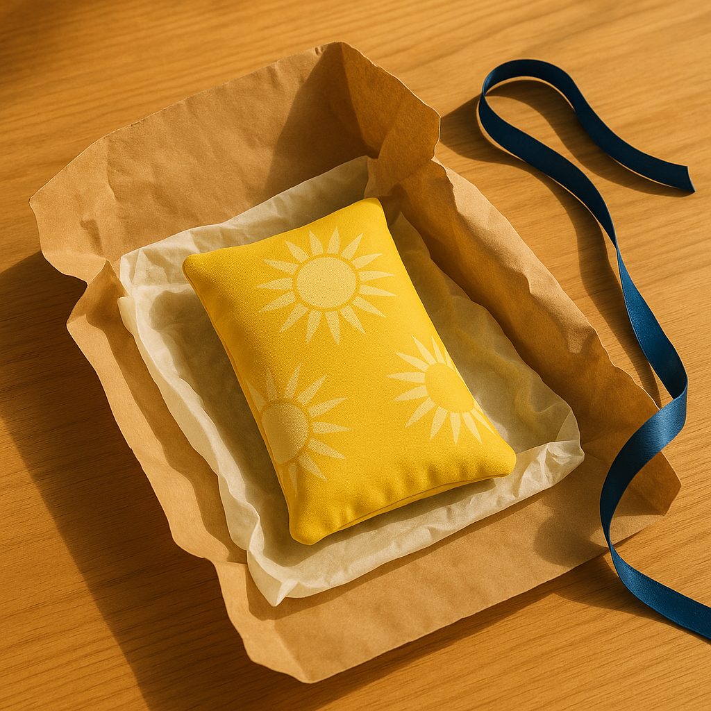 Emballage cadeau ouvert, avec la bouillotte à soleils à l'intérieur