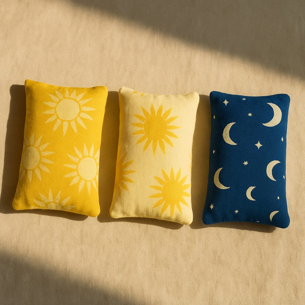 Trois bouillottes sèches : tissu jaune à soleils, tissu crème à soleils, tissu bleu à lunes et étoiles